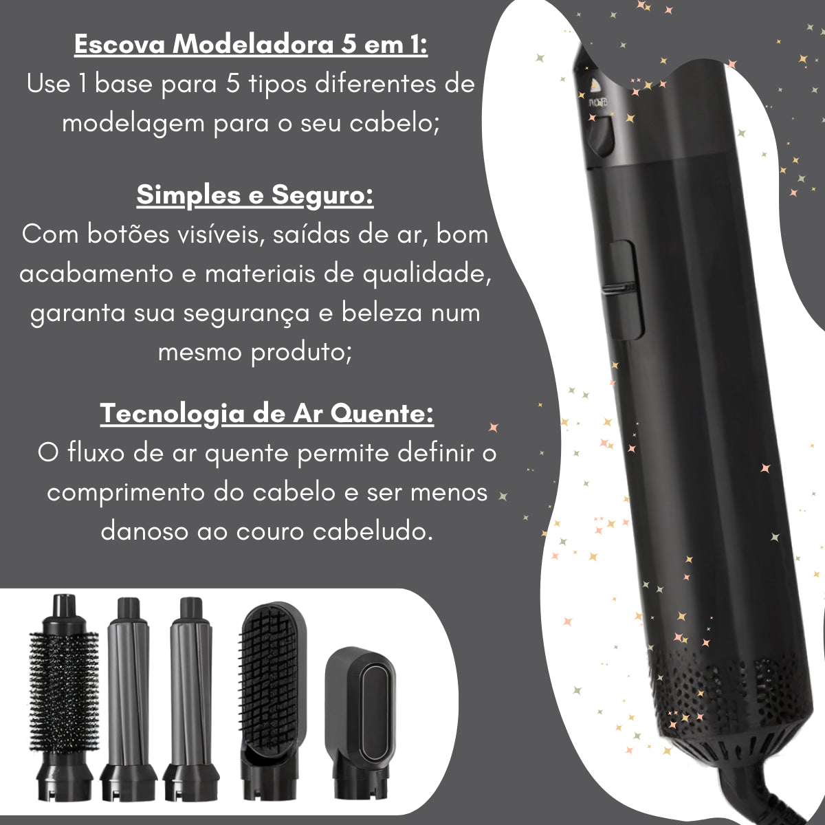 Escova Premium 5 em 1 | 1000W de Potência Profissional + Grátis Massageador