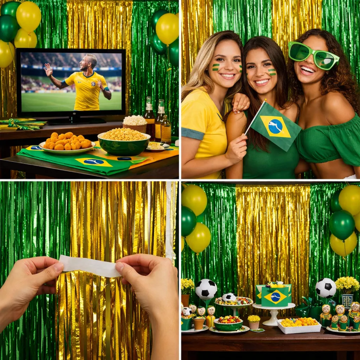 Kit Verde e Dourada - Cortina Metalizada Franja 1x2m Decoração Festa Brasil Aniversário