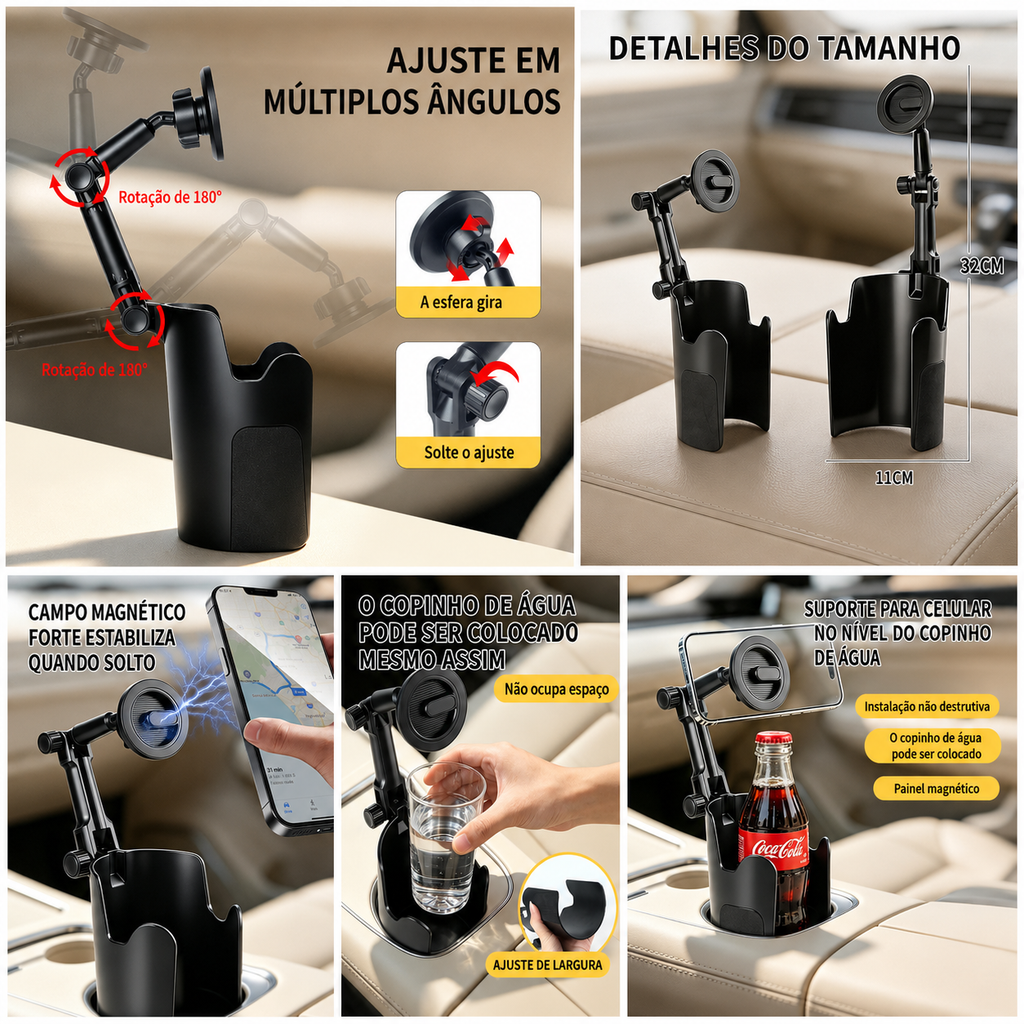 Suporte Magnético para Celular com Encaixe no Porta-Copos | Rotação 360° e Ajuste de Altura
