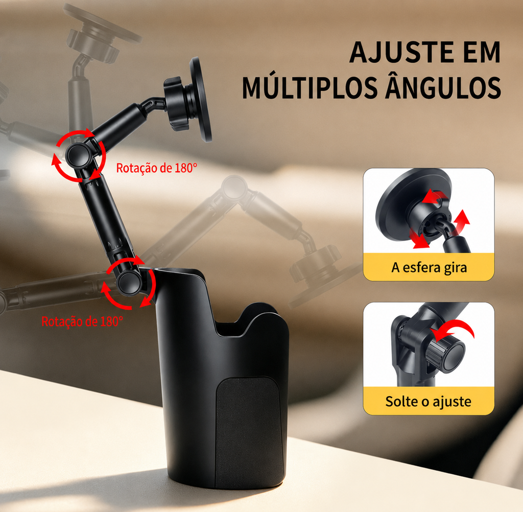 Suporte Magnético para Celular com Encaixe no Porta-Copos | Rotação 360° e Ajuste de Altura