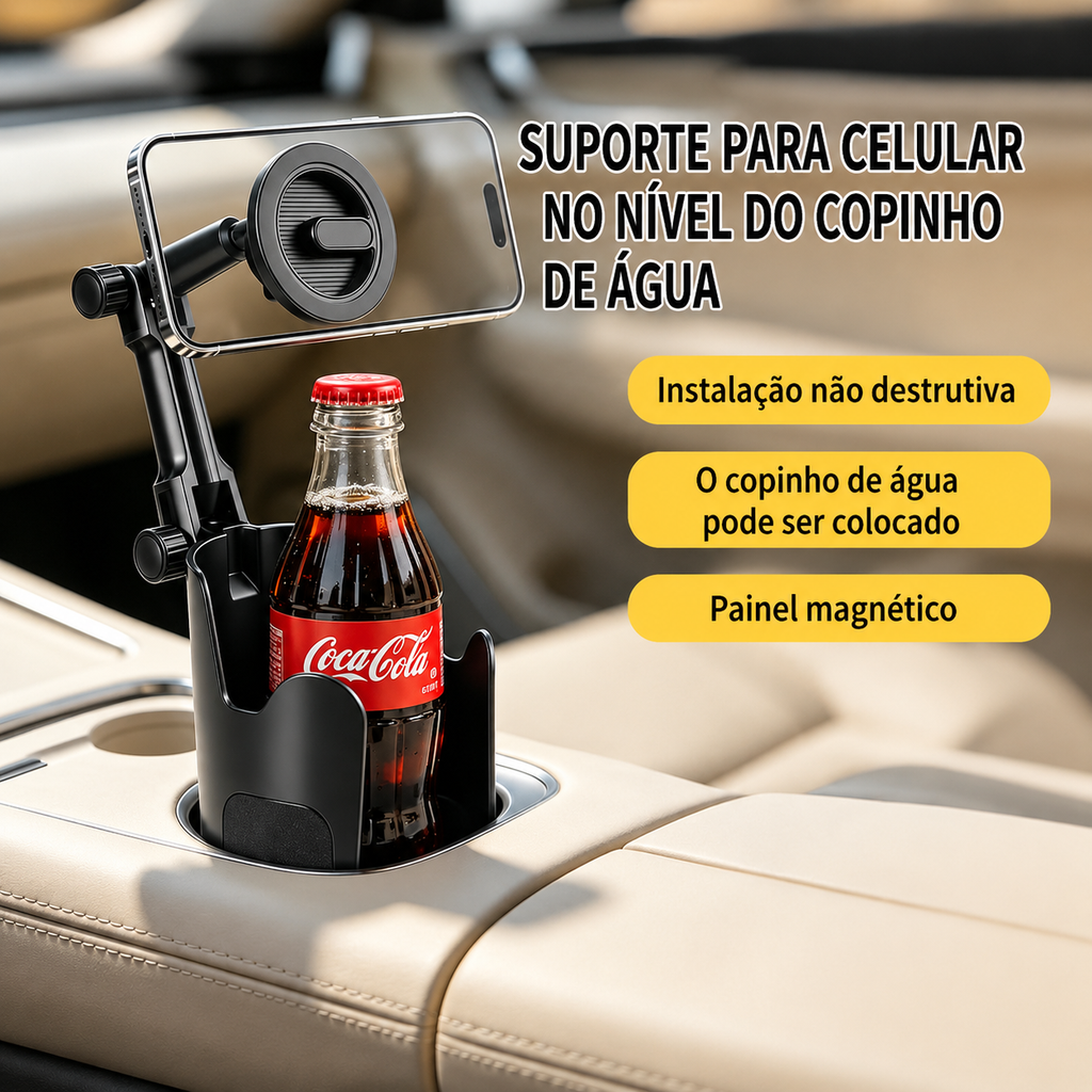 Suporte Magnético para Celular com Encaixe no Porta-Copos | Rotação 360° e Ajuste de Altura