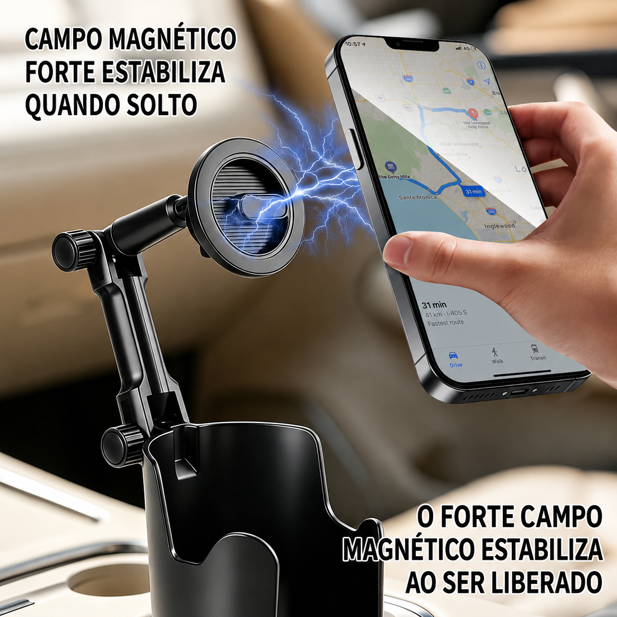 Suporte Magnético para Celular com Encaixe no Porta-Copos | Rotação 360° e Ajuste de Altura