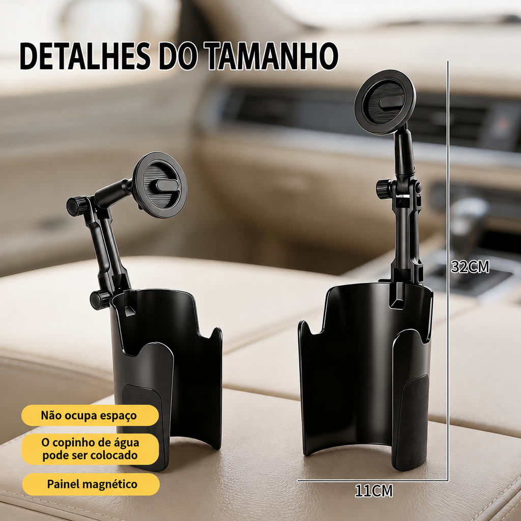 Suporte Magnético para Celular com Encaixe no Porta-Copos | Rotação 360° e Ajuste de Altura